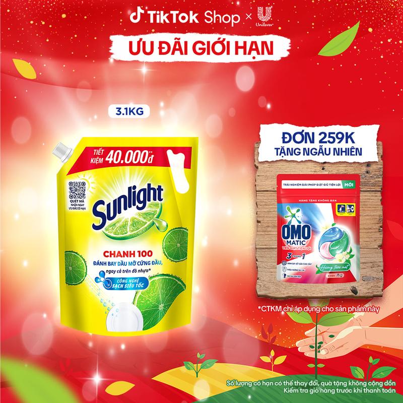 Nước Rửa Chén Bát Sunlight Chanh 100 | Sạch Dầu Mỡ Đồ Nhựa | Túi 3.1Kg 1