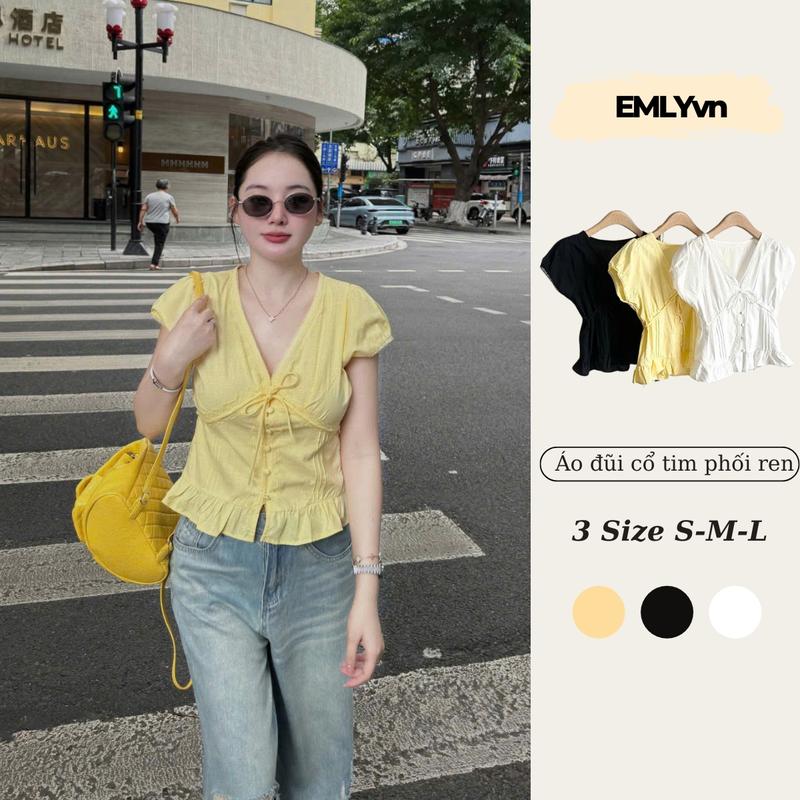 EMLYvn - Áo Sơ Mi Đũi Cổ Tim Phối Ren Có Nơ Dáng Babydoll Áo Sơ Mi Nữ Kiểu Xinh Style Hàn Quốc