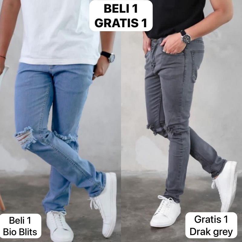 PROMO BELI 1 GRATIS 1 Celana jeans pria sobek lutut panjang skinny ripped softjeans 0