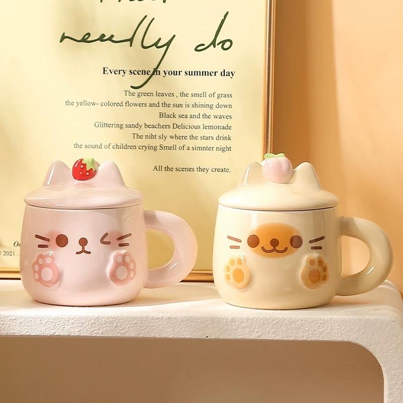  Ly sứ cafe nắp mèo cute kèm muỗng   hồng  vàng    1001  