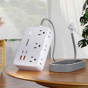 平らなプラグのサージ・プロテクター力のストリップ、4 USBの充電器が付いている5つのFtの編みこみの平らな延長コード、オフィス、学校、寮のための密集した机の充電ステーションの壁の台紙