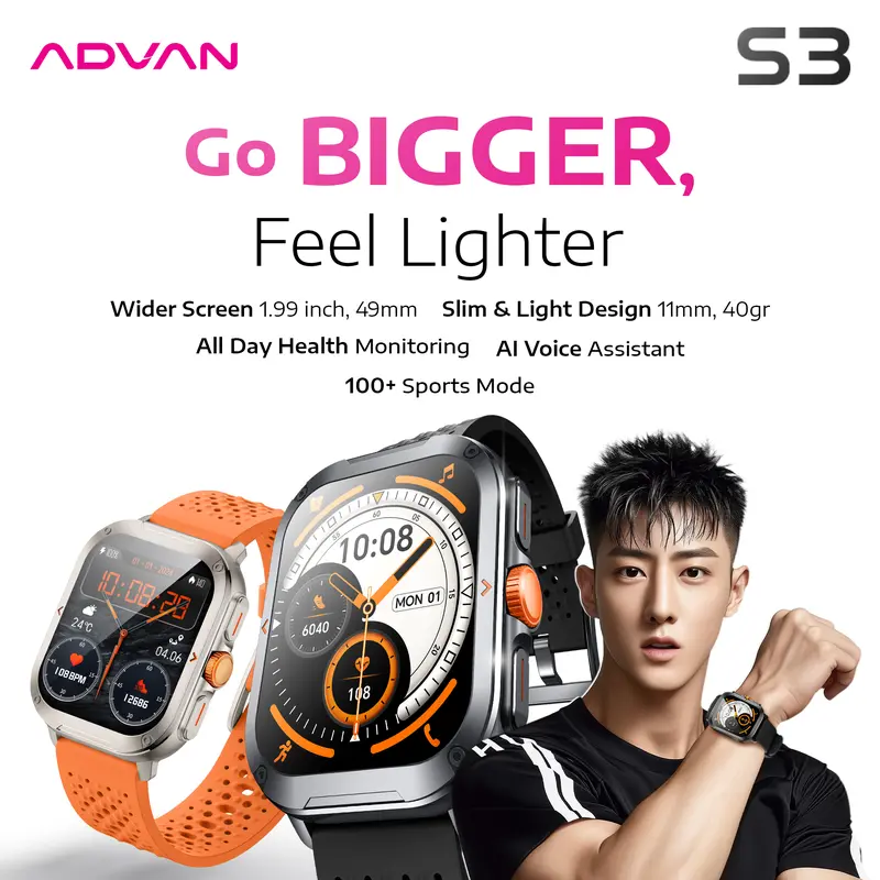 ADVAN Smartwatch S3 1.99" inch up to 15 Days IP68 Waterproof 300mAh AI Assistant Bluetooth 5.3 0