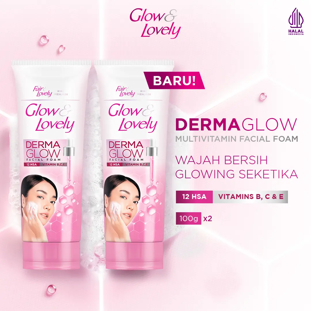 Glow & Lovely Dermaglow Multivitamin Facial Foam 50 gr / 100 gr - Wajah Bersih Glowing Cerah Seketika dengan 12HSA, Vitamin B3,C & E - Semua Tipe Kulit