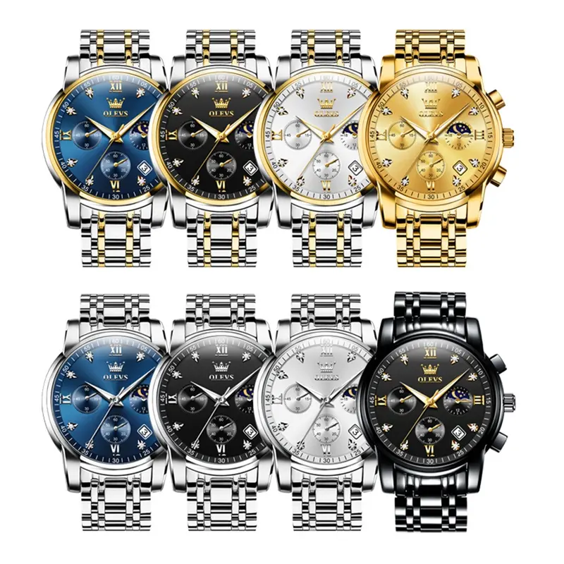 OLEVS men's stainless steel chronograph watch, large face gold silver black tone easy to read analog quartz watch, luxurious waterproof date diamond Roman Arabic numeral dial formal watch 8
