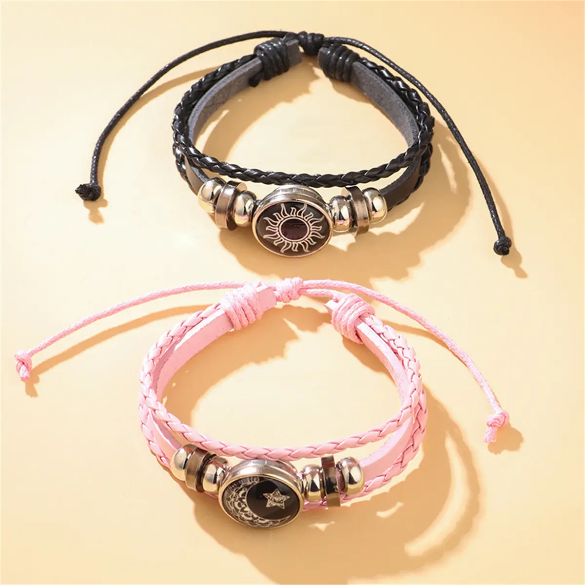 "Sun and Moon Lovers Time Leather Bracelet Punk multi-layer Beaded woven bracelet Couple gift Fashionable and high-end.