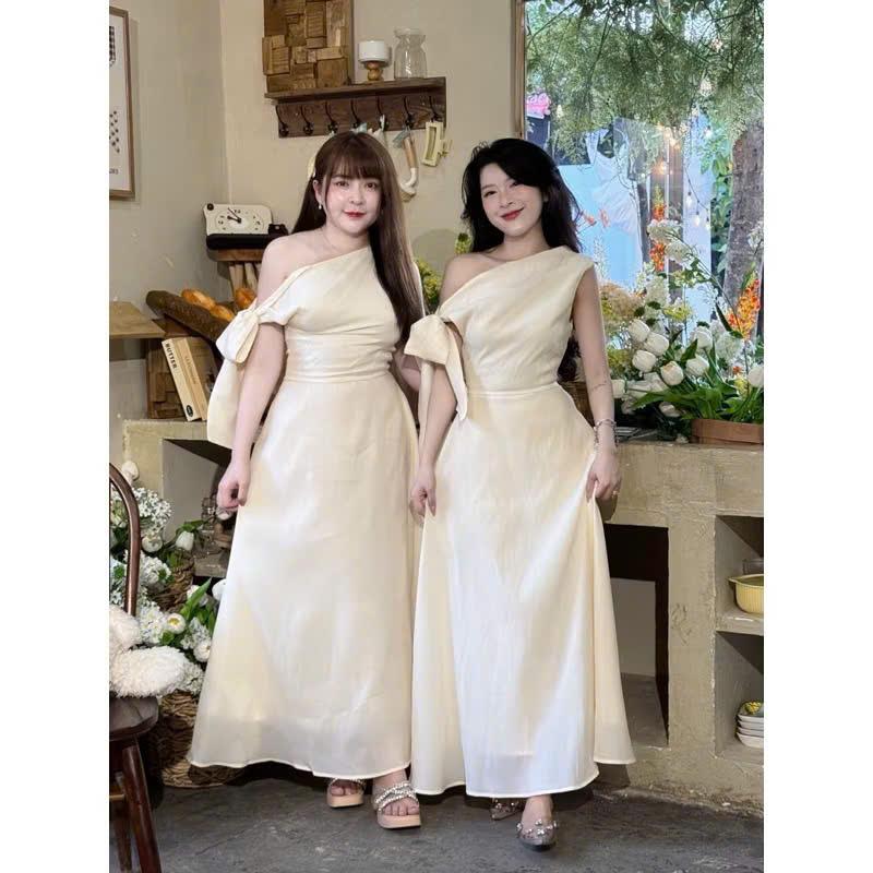 BIGSIZE HIẾU HIẾU 55-95KG - Đầm thiết kế lệch vai phối nơ dáng dài sang chảnh D517