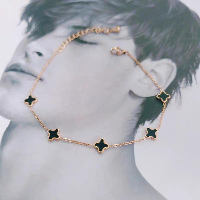 Gelang Tangan Model  Rantai Daun Bunga  Mini Hitam Terlaris Anti Karat Tidak Luntur 6