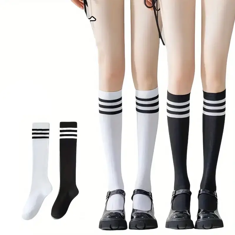 Kaos Kaki Wanita Panjang Selutut Motif Stripe - Nylon All Size (37-42) - Fashion Garis Hitam dan Putih 5