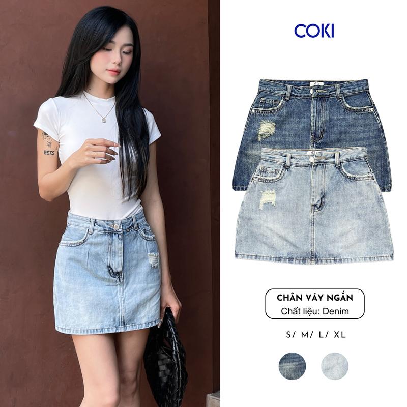 Chân Váy Jean Nữ Ngắn Rách Túi Sau Dáng Chữ A Lưng Cao Có Lót Quần