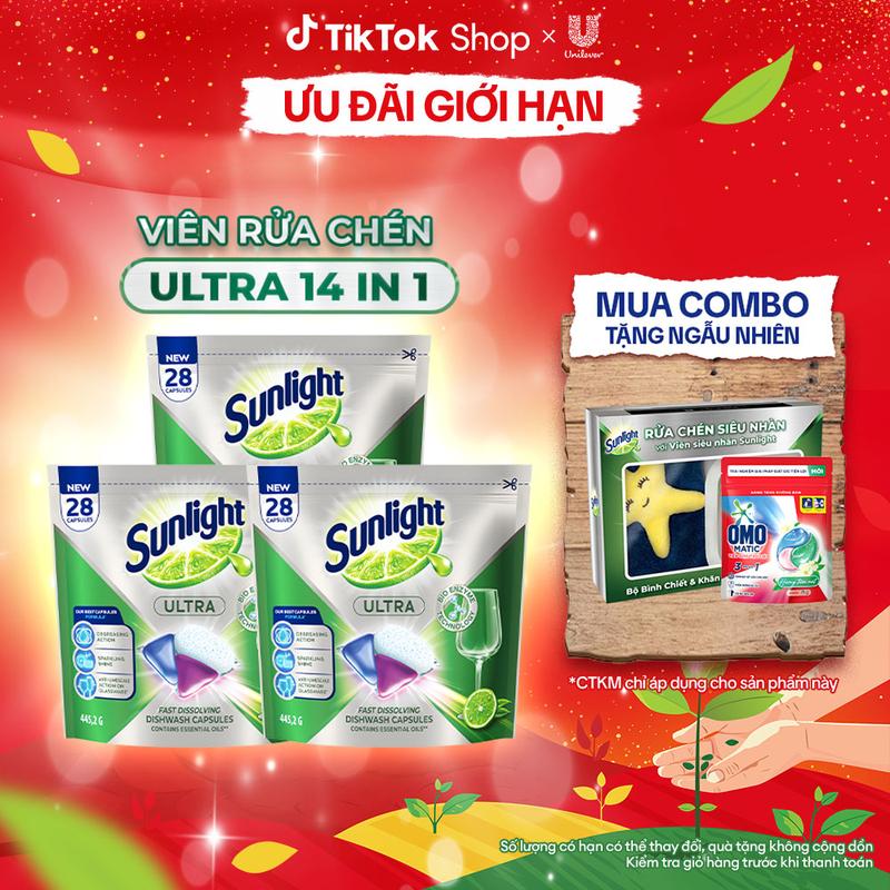 Comb 3 Túi Viên Rửa Chén Bát Sunlight 14 in 1 Dành Cho Máy Rửa Chén 28 Viên Túi 1
