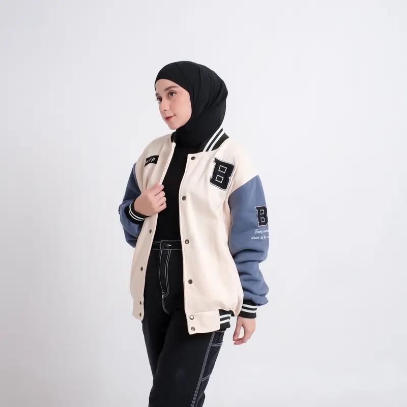 Jaket Varsity Baseball Full Bordir Pria Wanita Bahan Fleece Tebal Ukuran M L XL Cream 8
