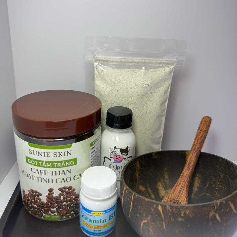  Bột tắm caffe  than hoat tính SUNIE SKIN gói 300G   kèm b1 +bát dừa+thìa +ủ sữa non 100ml   Dưỡng Da Body Làm Đẹp Da sáng da 
