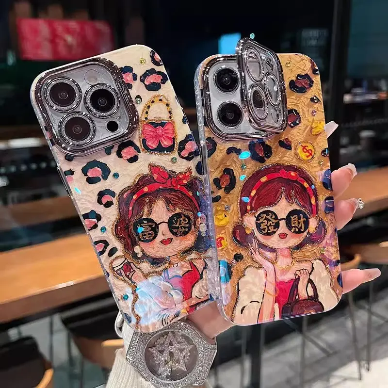 New iPhone Case – Leopard Print Luxe with Glitter Lens Film & Invisible Stand Protection Cover