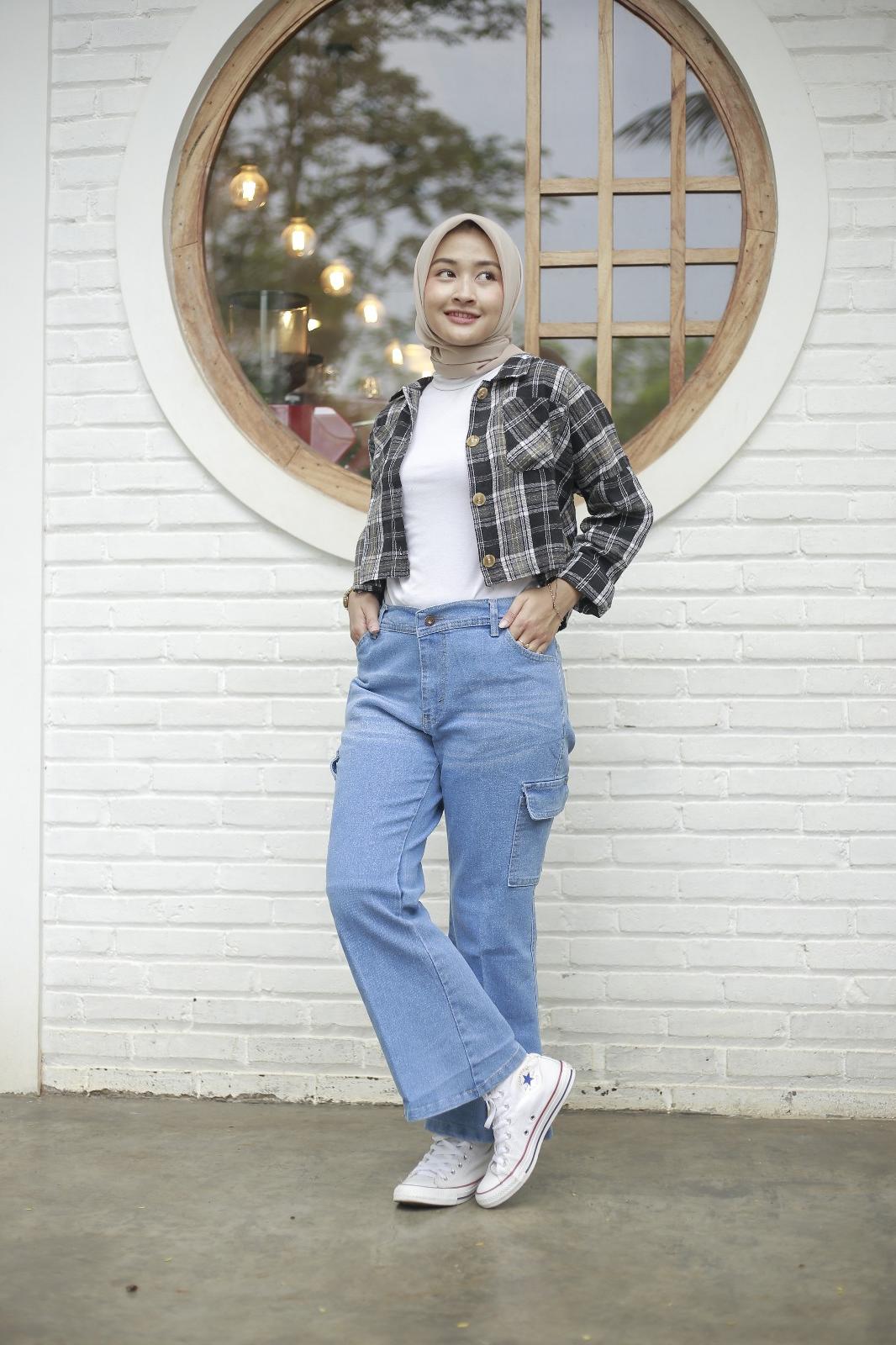Celana Jeans Cutbray Cargo Wanita Panjang Cewek Denim Biru