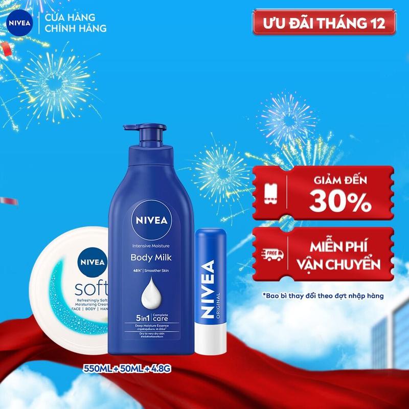 Bộ 03 gồm Sữa Dưỡng Thể NIVEA Dưỡng Ẩm Chuyên Sâu 48H | Thấm Nhanh 550 ml - 98943 + Kem Dưỡng Làm Mềm Da NIVEA Soft Crème 50ml - 89054 + Son Dưỡng Chuyên Sâu NIVEA Original Care 4.8 g - 85061 Nữ Dưỡng Body