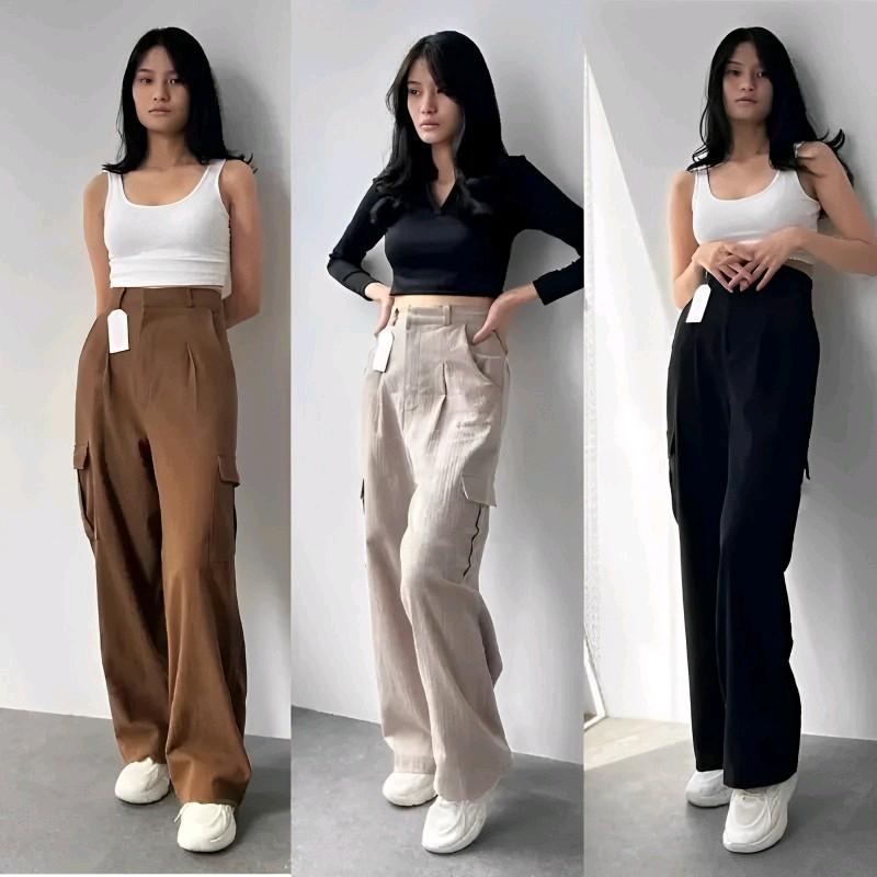 (TERMURAH CARGO)- Celana Cargo Highwaist Loose Linen Cringkle Celana Cargo Wanita Kulot Cargo Highwaist Wanita Kekinian 5