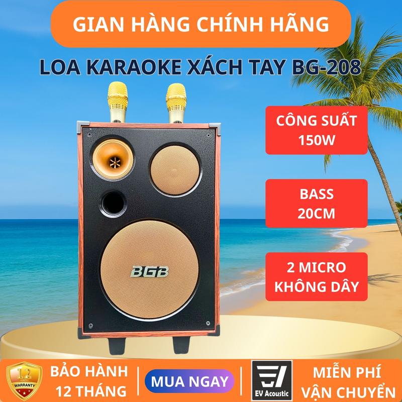 Loa Karaoke Xách Tay BG-208 | Công Suất 150W | Bass 20cm | 3 Đường Tiếng | Bluetooth 5.0 | Micro Không Dây