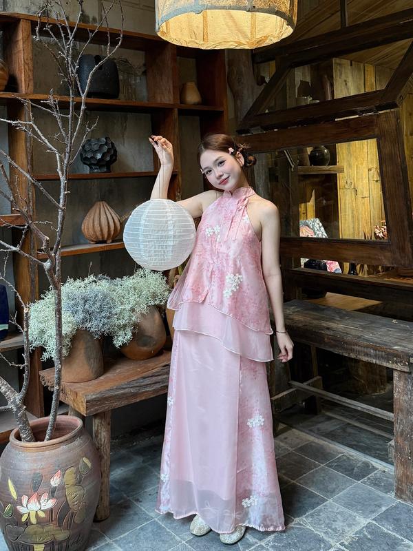 Set áo yếm voan tơ thêu hoa nơ bên chân váy đính nơ Mẫu mới Tết 2026 Ảnh thật Sẵn