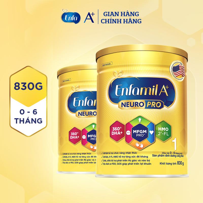 Bộ 2 lon sữa bột Enfamil A+ Neuropro 1 với DHA giúp phát triển não bộ cho trẻ từ 0 – 6 tháng tuổi – 830g/lon