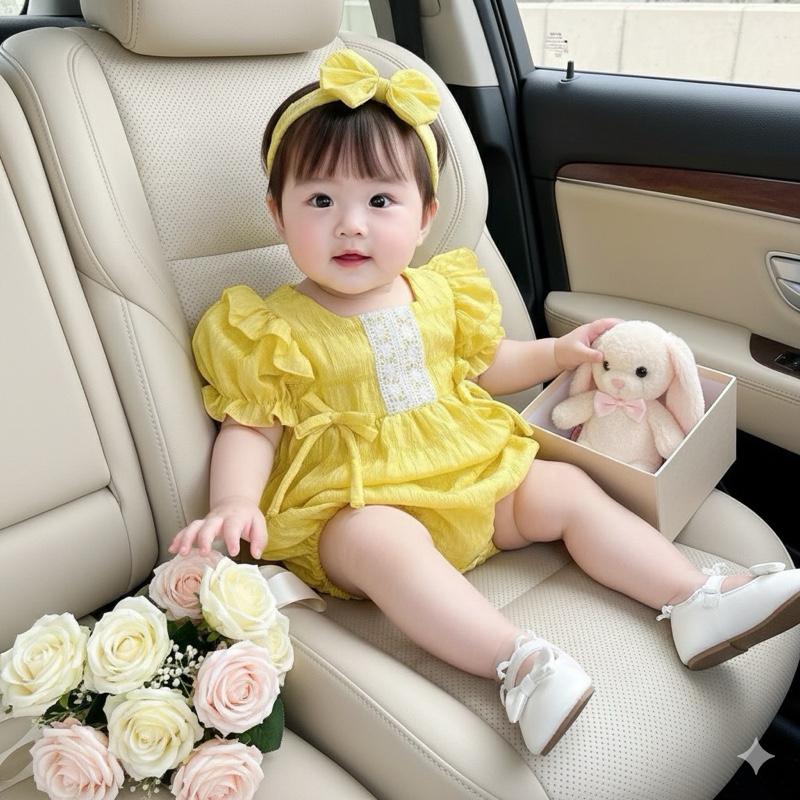  Bodysuit Chất Xốp Nhún Vàng,Xanh 2 Nơ Eo Kèm Tuban Cho Bé Gái 3-10 Kg,Đồ Liền Thân Cho Bé Gái Đầy Tháng Sinh Nhật Chất Mềm Mịn Mát 