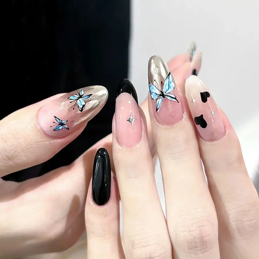 24pcs French Fake Nail Butterfly Versatile Almond Nail Wearable Nail Patch Gradient Heart-Shaped Removable Nail