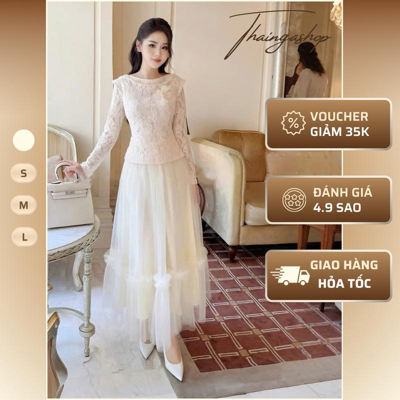Set hai món: áo ren cổ trễ vai đính hoa phối chân váy lưới dang dài tiểu thư màu nude size S M L nhẹ nhàng tôn dáng sang chảnh Đầm voan tơ trễ vai xoè bồng