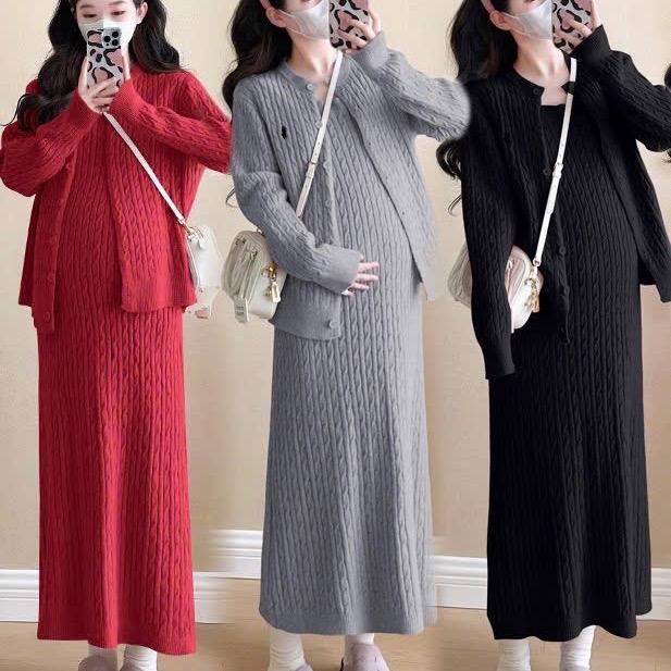 MAMI Set len bầu cưng xỉu ngọt ngào váy len bầu lông thỏ váy len bầu co giãn váy len bầu tay dài váy len bầu dáng dài váy len bầu cúc đồng váy bầu mùa đông