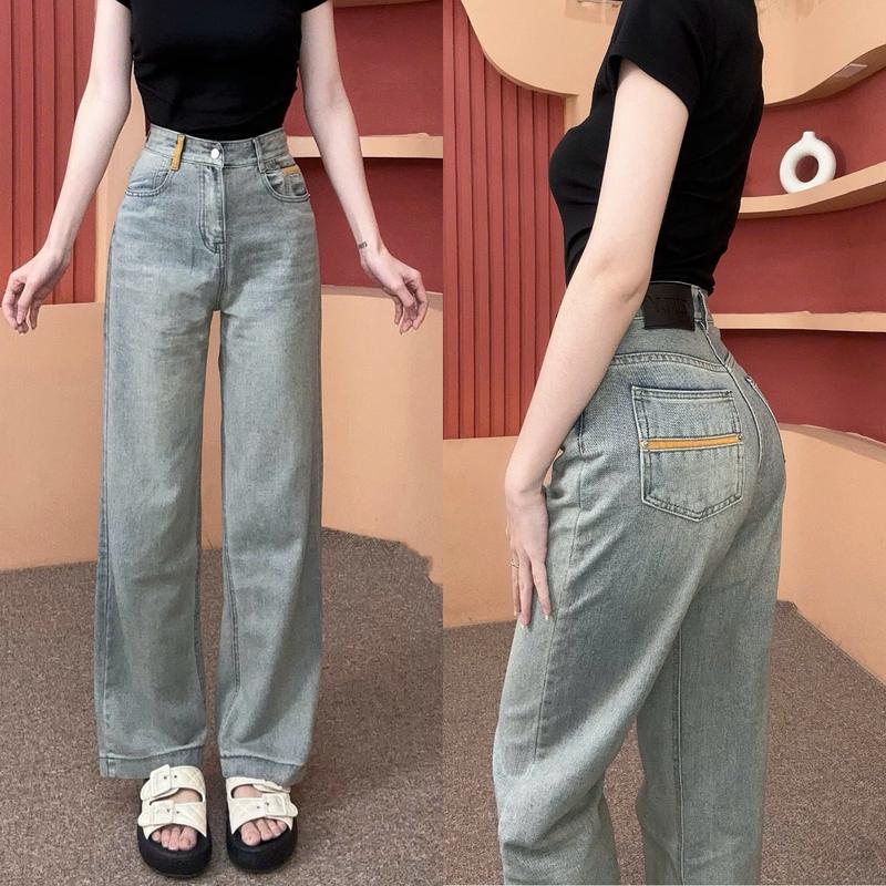 [ZINLY SHOP] Quần Jean Nữ Ống Suông Phối Dây Săn Màu Nổi Xanh Nhạt Phủ Bụi Vải Cotton Mềm Mát Không Co Giãn Q3911