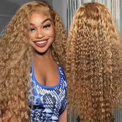 Hawaiian curly natural looking honey blonde h.d lace front on sale brown root lace wig