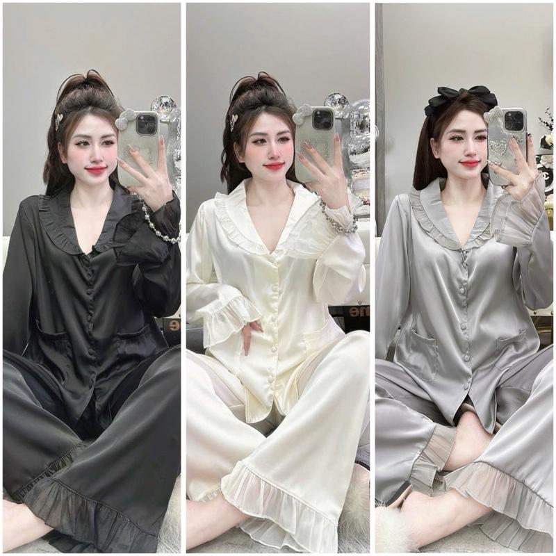 Bộ Pijama Lụa Latin- 43-60kg Cổ Tim Tay Phối Bèo Voan Màu Trơn Dáng Tiểu Thư ,Quần Suông Có Túi,Nữ Women