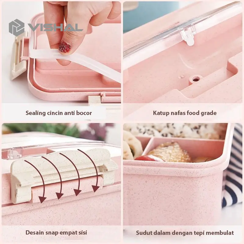 VISHAL Lunch Box Kotak Bekal Makan Jerami Gandum kotak makan ​1000ml 4 In 1 Free Sendok Tempat Makan VS-1 7
