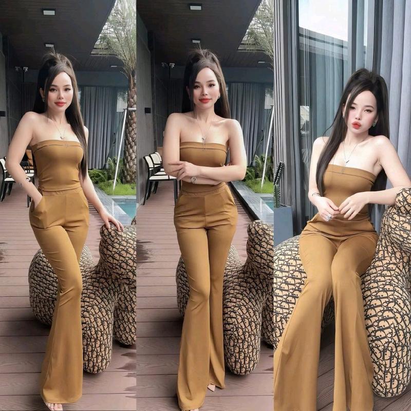 Set Áo Ống Chất Gân Màu Sọc Ngang Phối Quần Ống Loe Có Túi 100Cm 40/60kg