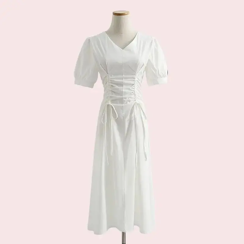 GIANNI WHITE SCRUNCHED LINEN RUNCHED WAIST SHAPED KOREAN STYLE DRESS karina putih