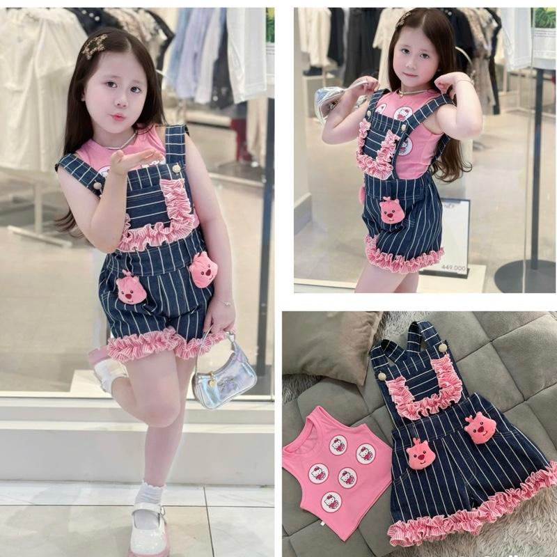 Bộ yếm sọc Hồng phối gấu Hồng + áo ba lỗ hồng cho bé gái