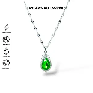 FIVEFAM'S - Kalung Titanium Liontin Batu Permata Zamrud Hijau Elegan Anti Karat Unisex | Kalung Pria Wanita Rantai Pecah KopI Stainless Steel