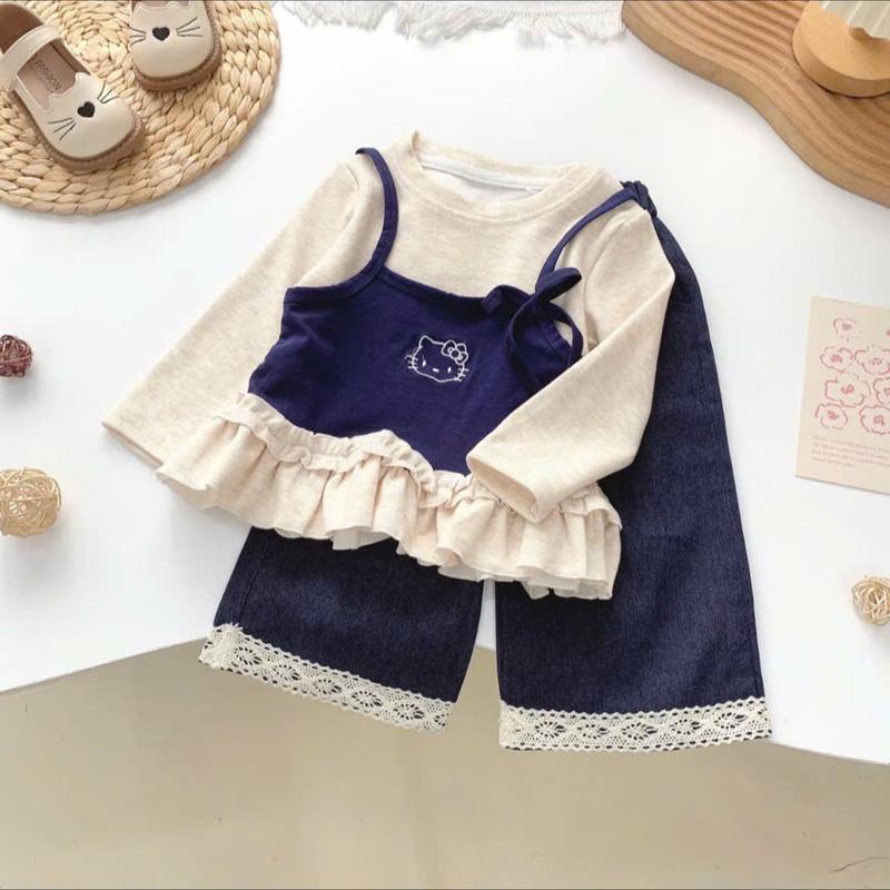 7-25kg Set Áo Thun dài Tay Phối yếm 2 dây + Quần giả Bò siêu Mềm cho bé Gái Nhận làm theo yêu cầu