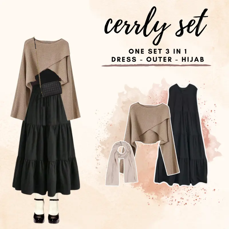 Cerrly One Set 3 in 1 ( outer - dress ruffle - hijab ) set Outfit Wanita / Remaja OOTD Fashion Korean Style - BH82 0