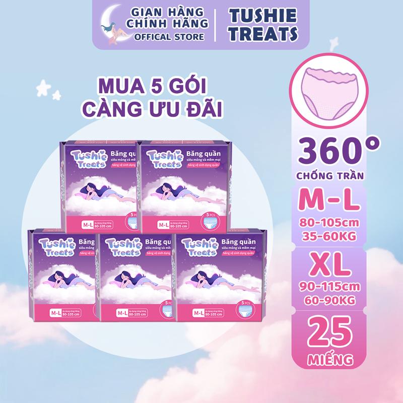   CHE TÊN  Combo 25 miếng băng vệ sinh dạng quần Tushie Treats size M-2XL Quần bvs mềm mịn không cộm không lộ viền 