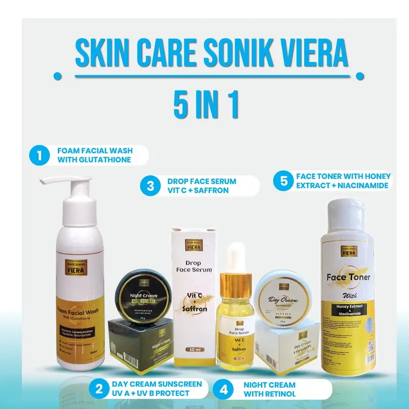 Paket skincare 5  in 1  Sonik Viera Perawatan Wajah Sonik Viera: Day Cream, Night Cream, Facial Foam, Serum Vitamin C Saffron , Toner Membantu Mencerahkan Muka dan Leher Mengencangkan Kerutan Berjerawat,Niacinamide 0