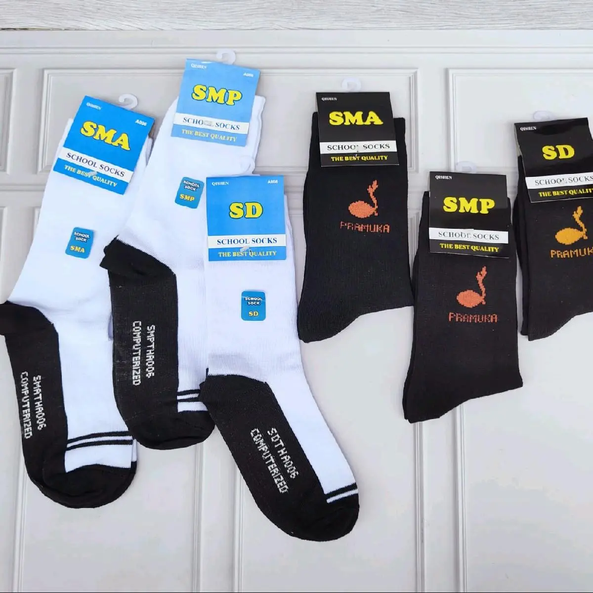 3 Pasang Kaos Anak Sekolah Putih Telapak Hitam Bahan Katun Spansex Tebal Ukuran Sebetis SD/SMP/SMA - Fashion