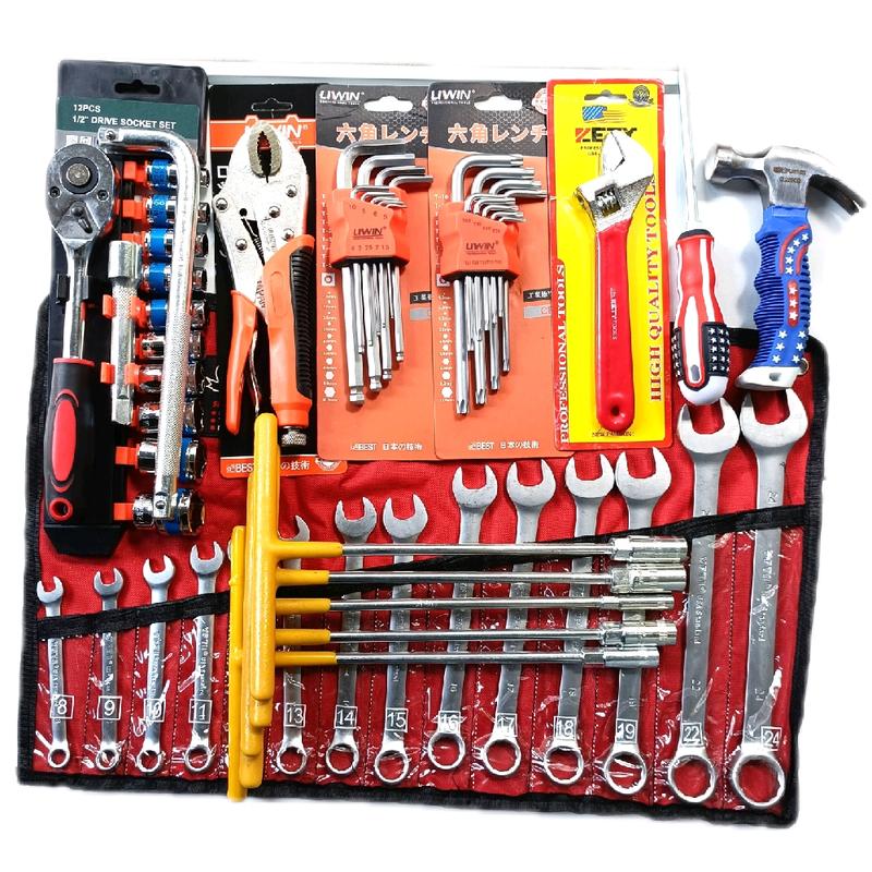    Tặng cần L   Bộ sửa chữa xe máy gồm 1 bộ cờ lê 8-24 +1 bộ tuýp crv 12 chi tiết 1 2" + 1 bộ khoá 5 cây T vàng + 1 kìm chết liwwin+ 2 bộ lục giác bi + bông ngắn liwwin + 1 mỏ lết 8" + 1 búa lùn + 1 tua vít cờ mỹ  lục  giác  hoa 