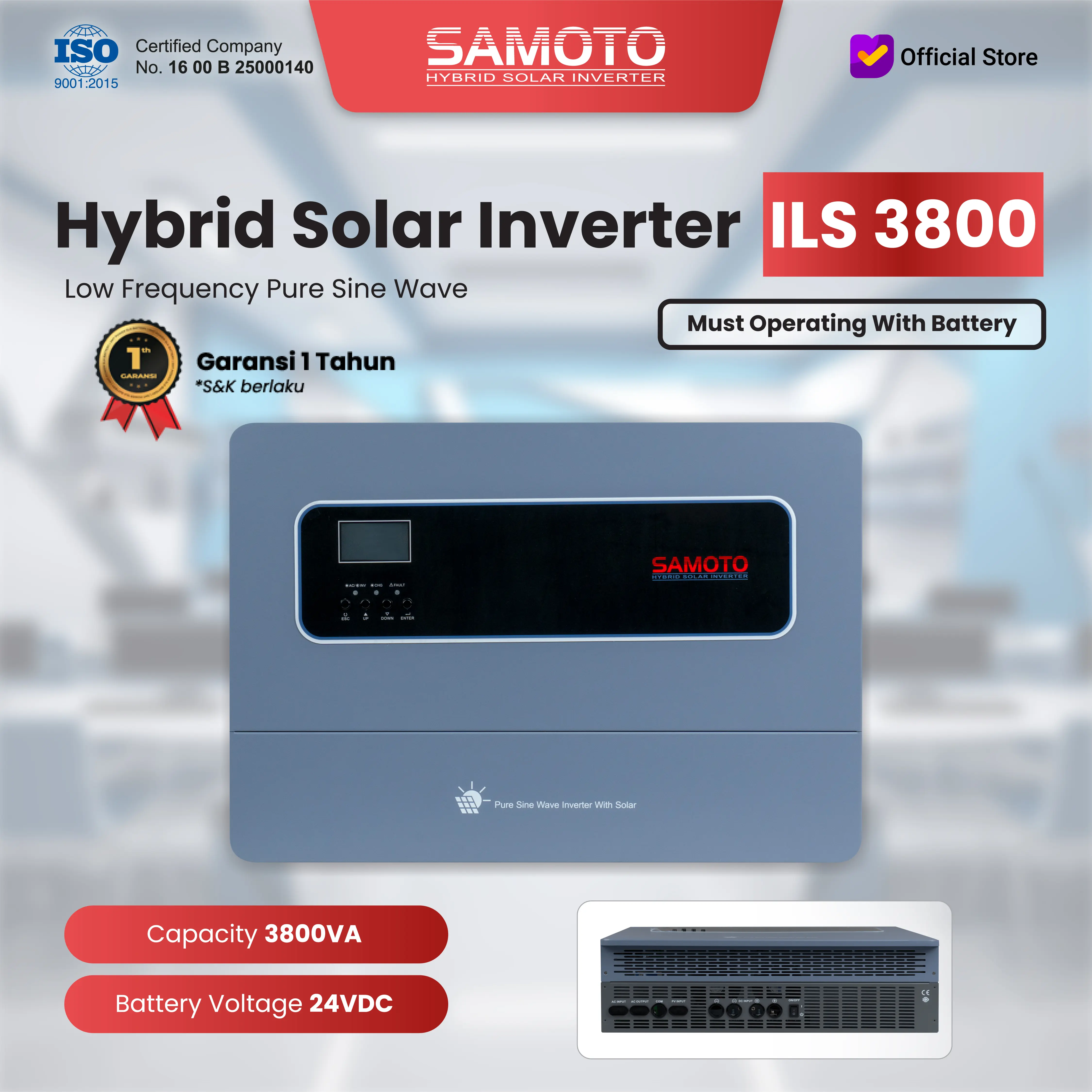 Samoto Hybrid Solar Inverter Pure Sine Wave Low Frequency 3000 - 3000W MPPT Sistem Battery 24V 3800V/3000Watt  Solar Panel Charger Controller ILS3800