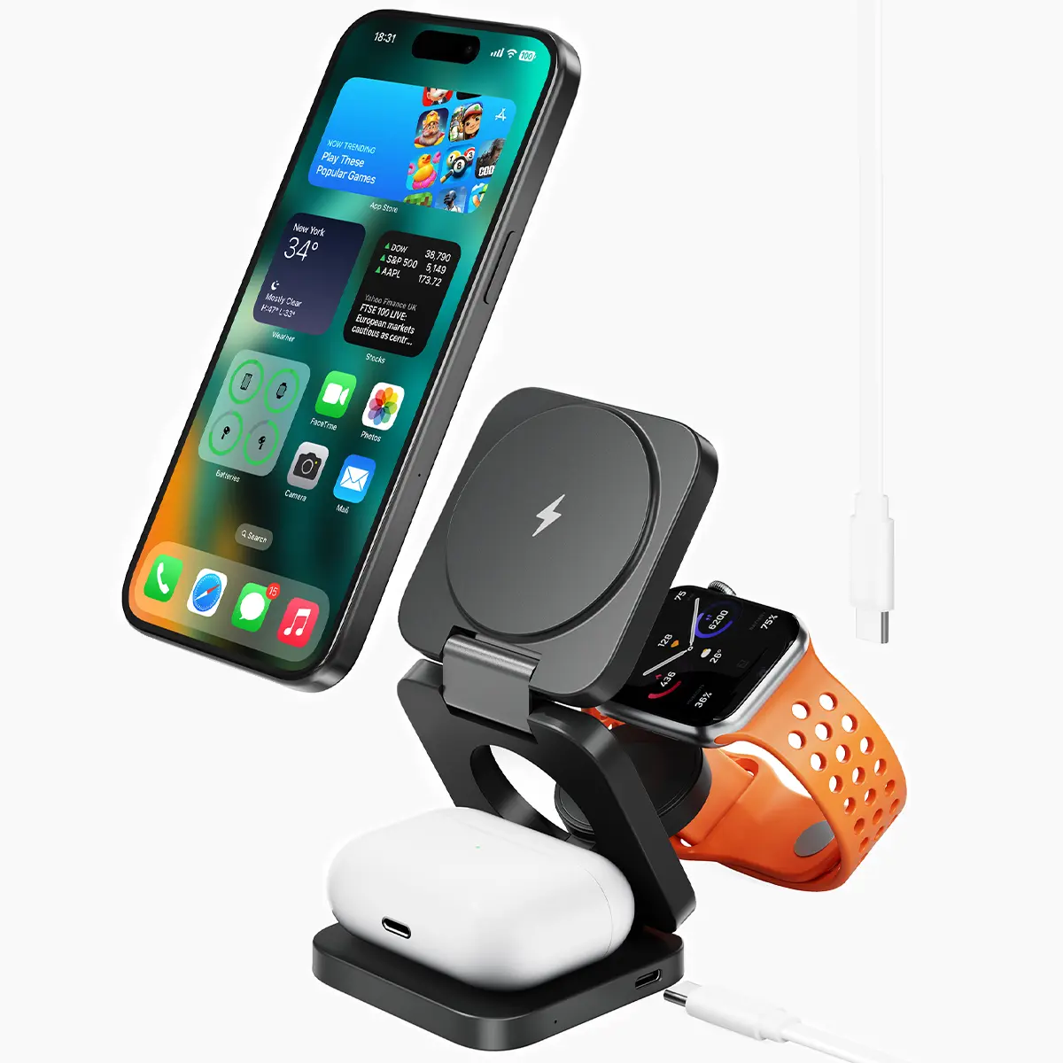 Antank Foldable 3 in 1 Wireless Charger Stand for Apple Devices, Portable Magnetic Wireless Charging Station for iPhone 15/14/13/12/Pro/Plus/Max,AirPods 2/3/Pro, Apple Watch 9/8/7/6/5/4/3/2/SE/Ultra2