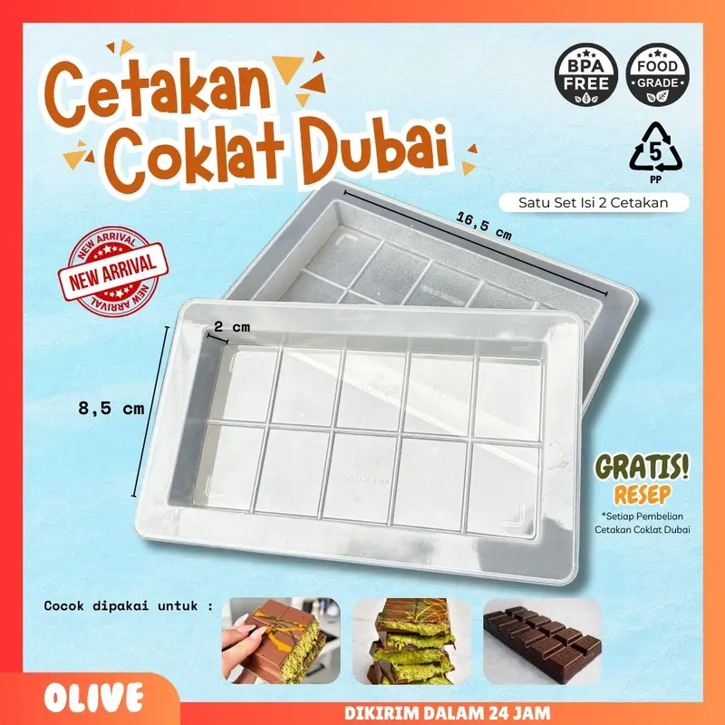 Cetakan Coklat Cokelat Viral Ala Dubai Blok Cavity 2 Plastik PP Food Grade Viral Coklat Batang (FREE RESEP) 0