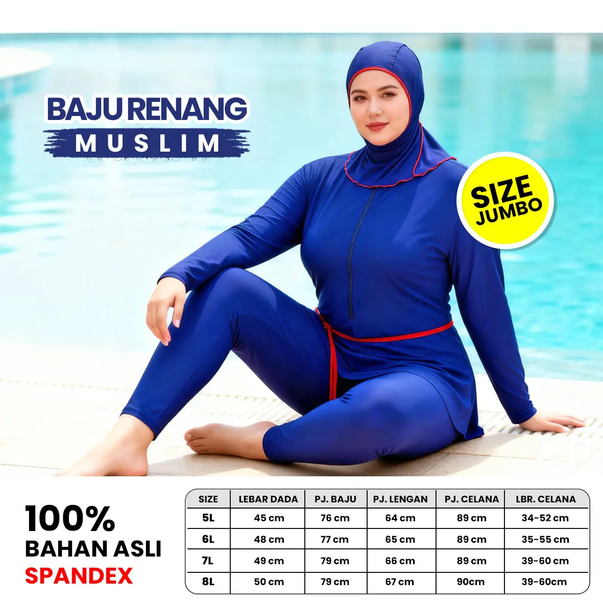 Baju Renang Wanita Jumbo 5L 6L 7L 8L Muslimah Sport Wear Pakaian Renang Swimdress  Bahan Spandex 1002