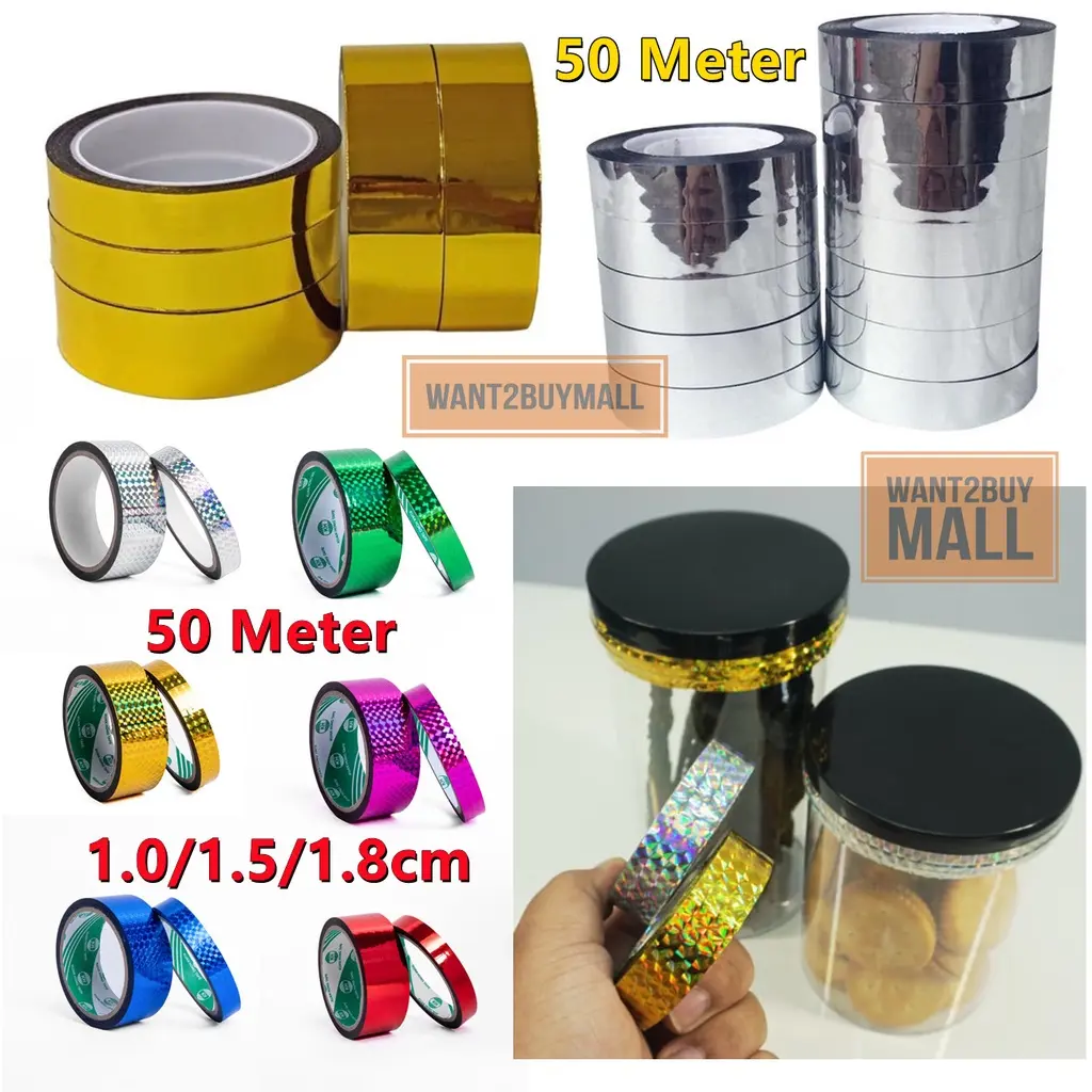 🇲🇾 10/15/18mm x 50M Gold Silver Laser Shiny Wrapping Cookie Jars Packaging Tape Twist Tie Line Pelekat Balang Pita Emas