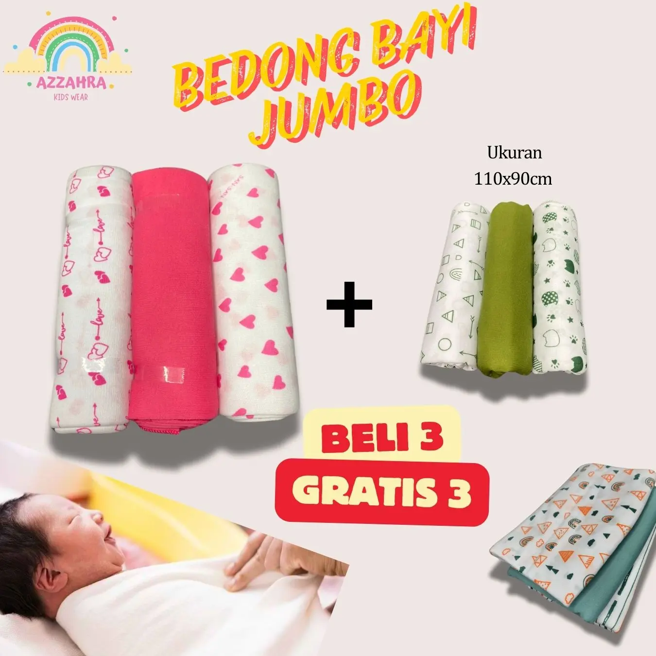 Hemat Beli 3pcs Gratis 3pcs Bedong Jumbo Motif Bayi Baru Lahir