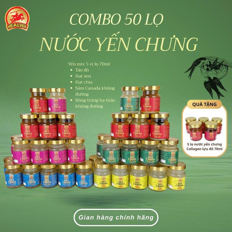  Combo 50 lọ tặng 5 lọ: nước yến mix 5 vị lọ 70ml  táo đỏ hạt sen hạt chia sâm Canada không đường Đông trùng hạ thảo không đường  TẶNG 5 lọ COLLAGEN LỰU ĐỎ 