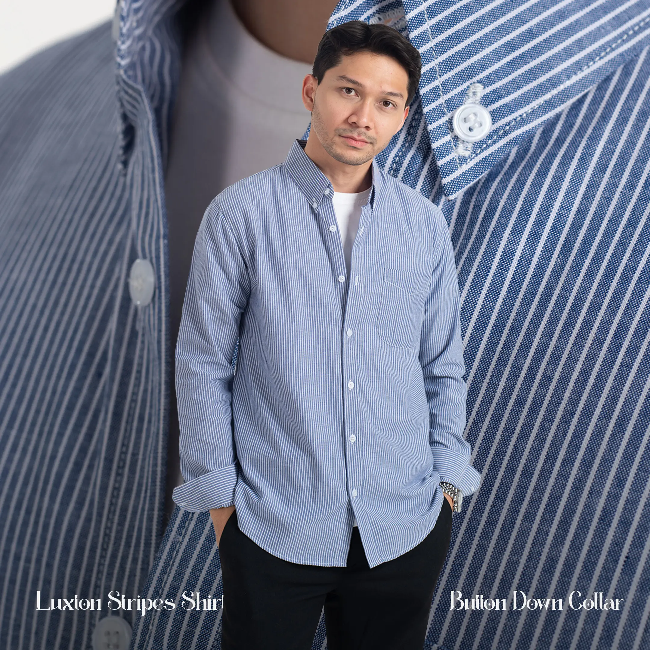 Kemeja Garis Pria WOODCUTTER Basic Luxton Stripes - Denim Blue Biru Lengan Panjang Salur