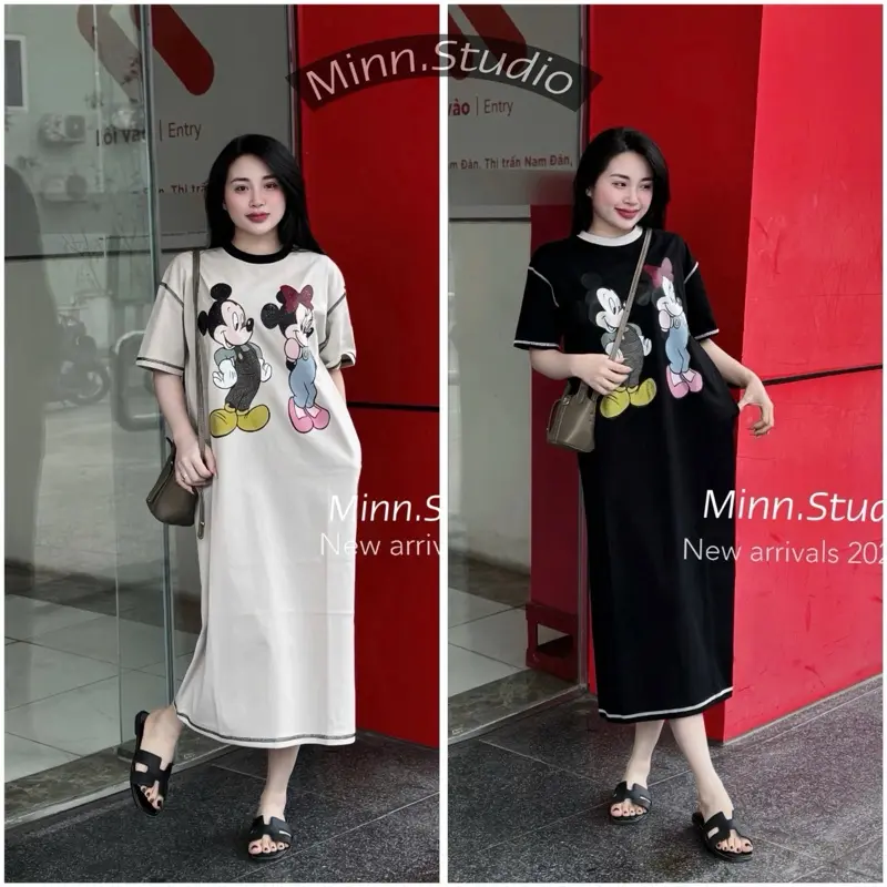[Minnstudio] Váy suông cotton in micky chỉ nổi , Phom vừa, chất dày dặn, đứng phom (Dài 102cm)